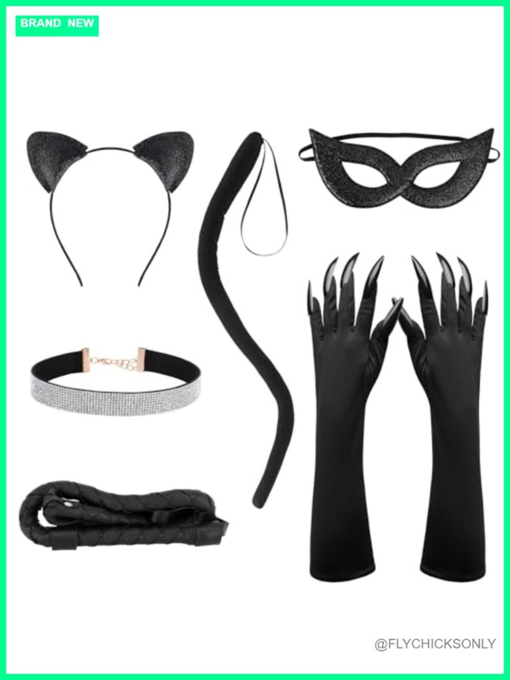 Cat Woman Halloween Costume Accessory Set 6pc with Mask Gloves Tail Whip